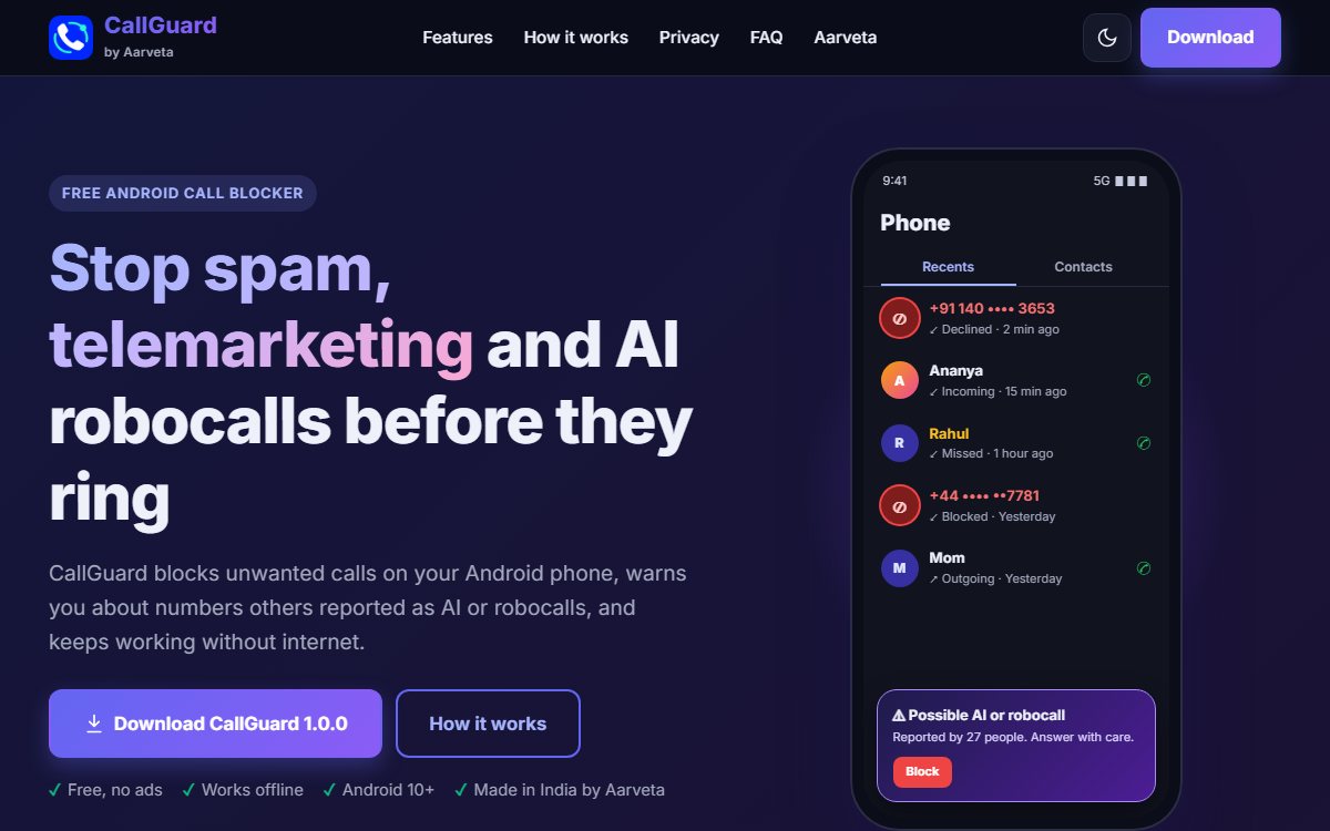 CallGuard homepage, a free Android call blocker for spam and robocalls